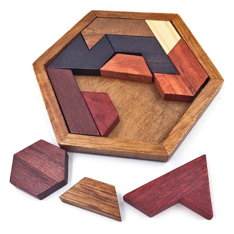 KINGOU Hexagon Tangram Puzzle Wooden Brain Puzzles for Kids & Adult Challenge Wooden Brain Teasers Puzzle Games for Family Party Gift - Brain Games for Kids - Image 1